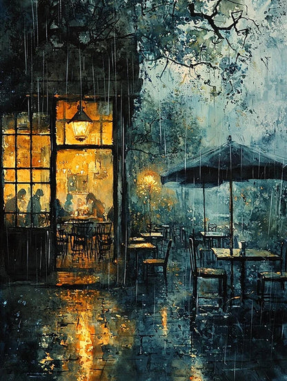 A vibrant painting of a cafe under rain, showcasing people enjoying coffee while raindrops create a serene ambiance.