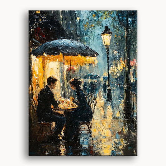 A painting depicting two people enjoying a conversation at an outdoor table, shaded by a large umbrella.