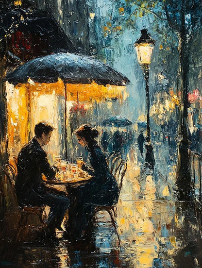 A painting depicting two people enjoying a conversation at an outdoor table, shaded by a large umbrella.