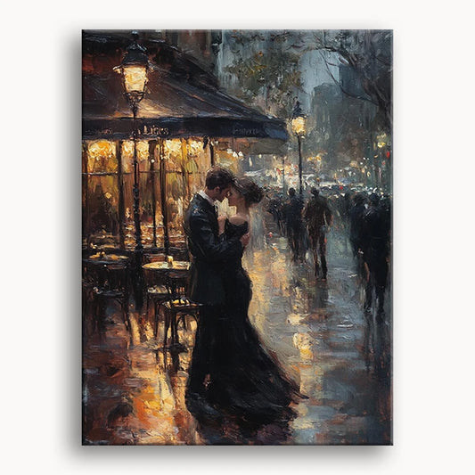 A couple kisses passionately in the rain, surrounded by a dreamy, colorful backdrop that enhances their romantic moment.
