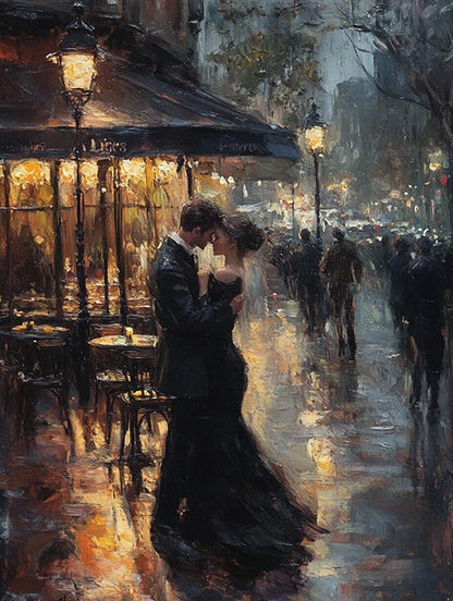 A couple kisses passionately in the rain, surrounded by a dreamy, colorful backdrop that enhances their romantic moment.