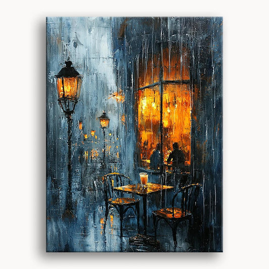 A cozy cafe scene painted in soft colors, with raindrops falling and reflections on the wet pavement.