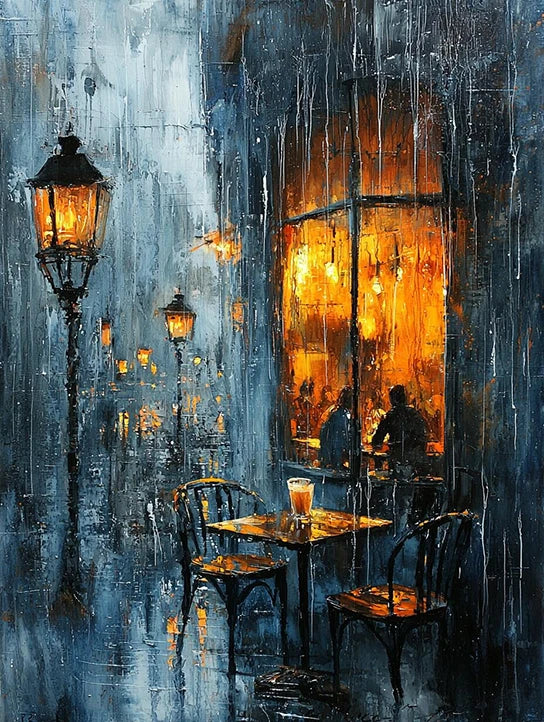 A cozy cafe scene painted in soft colors, with raindrops falling and reflections on the wet pavement.