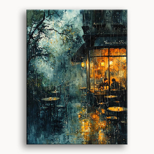 A cozy cafe scene painted in soft colors, with raindrops falling and reflections on the wet pavement.