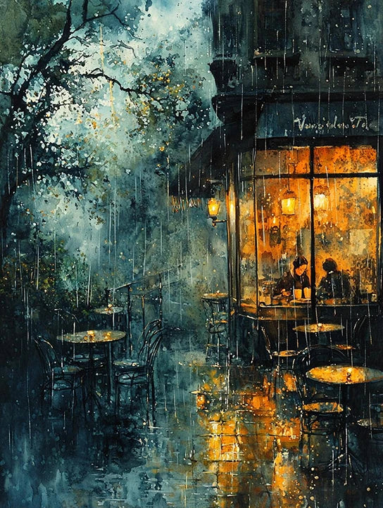 A cozy cafe scene painted in soft colors, with raindrops falling and reflections on the wet pavement.