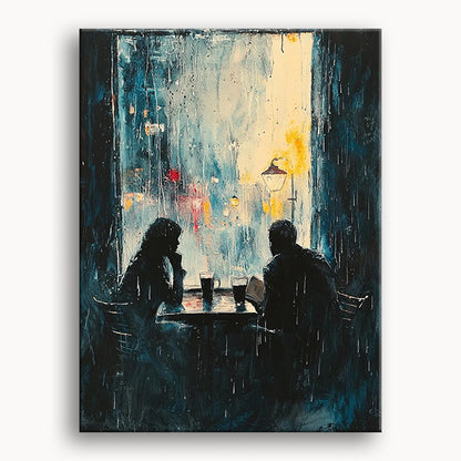 A painting depicting two people sitting at a table, sheltered from the rain, creating a cozy and intimate atmosphere.