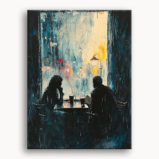 A painting depicting two people sitting at a table, sheltered from the rain, creating a cozy and intimate atmosphere.
