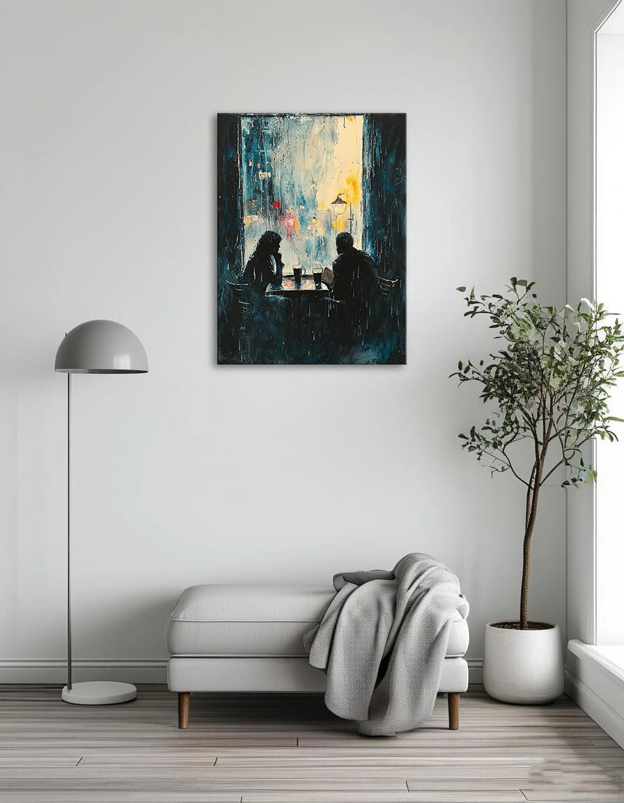A painting depicting two people sitting at a table, sheltered from the rain, creating a cozy and intimate atmosphere.