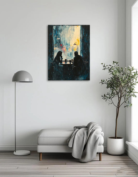 A painting depicting two people sitting at a table, sheltered from the rain, creating a cozy and intimate atmosphere.
