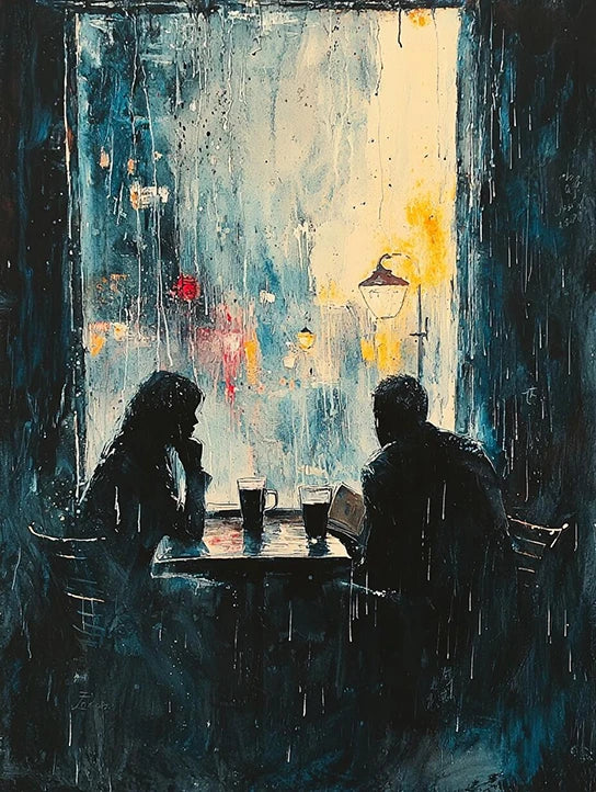 A painting depicting two people sitting at a table, sheltered from the rain, creating a cozy and intimate atmosphere.