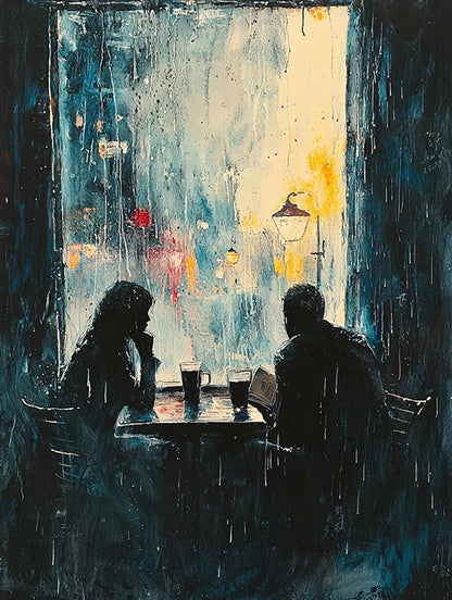 A painting depicting two people sitting at a table, sheltered from the rain, creating a cozy and intimate atmosphere.