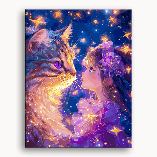 A girl and her cat gaze at the starry night sky, surrounded by twinkling stars and a serene atmosphere.