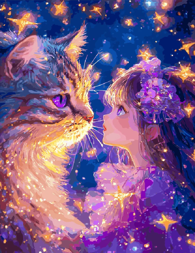 A girl and her cat gaze at the starry night sky, surrounded by twinkling stars and a serene atmosphere.