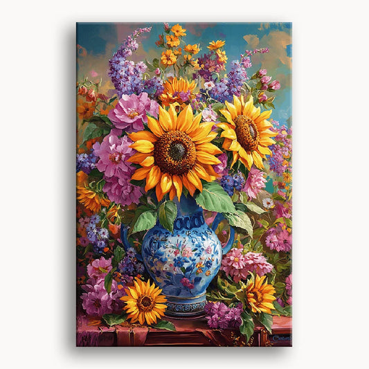 A vibrant painting of a vase filled with sunflowers and assorted colorful flowers.