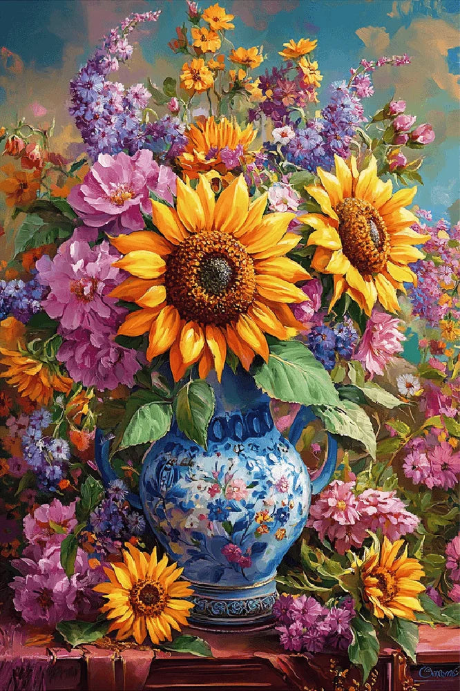 A vibrant painting of a vase filled with sunflowers and assorted colorful flowers.