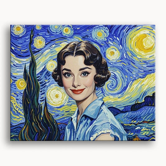 Audrey Hepburn stands gracefully against a backdrop of a starry night, embodying elegance and timeless beauty.