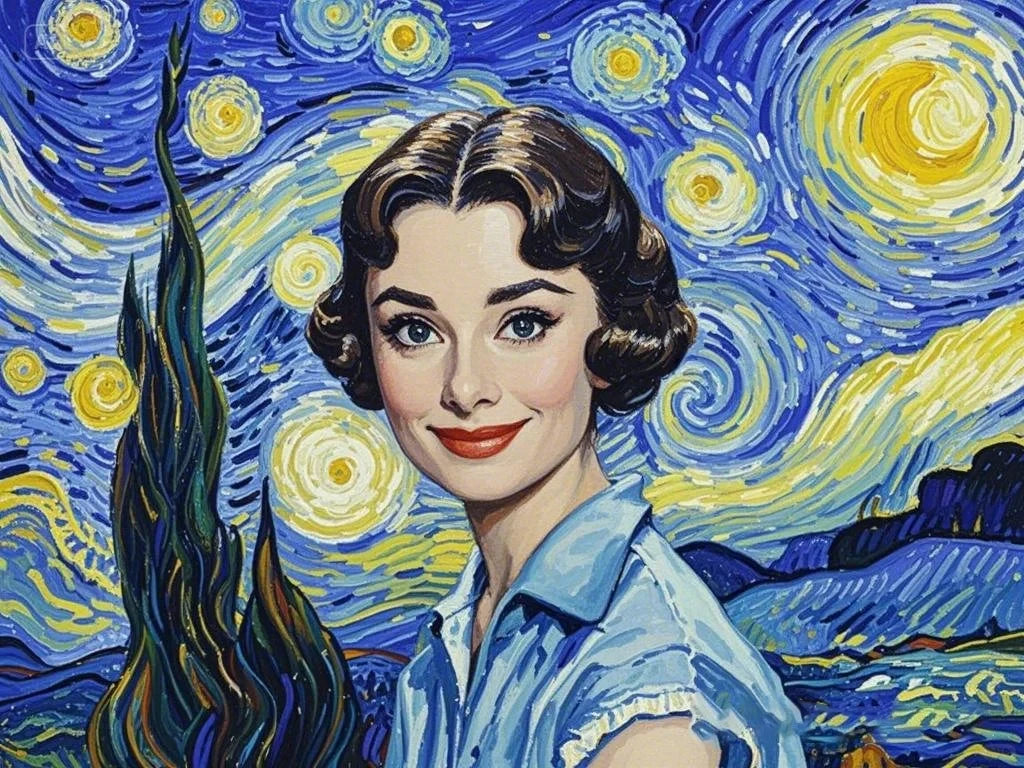 Audrey Hepburn stands gracefully against a backdrop of a starry night, embodying elegance and timeless beauty.