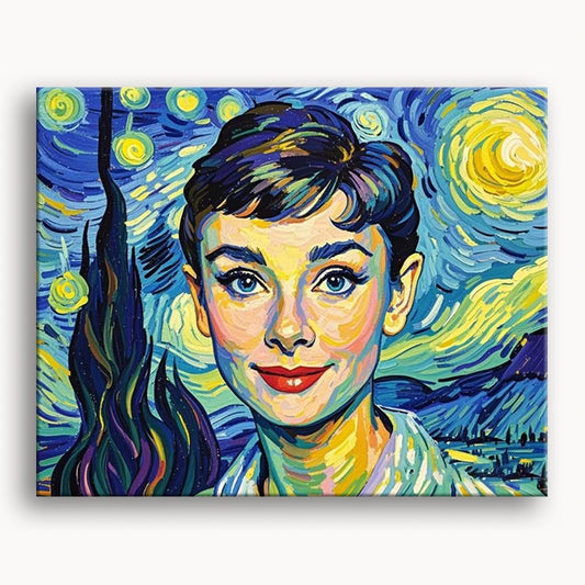 A painting depicting a woman with a starry night sky as her backdrop, showcasing vibrant colors and a serene expression.