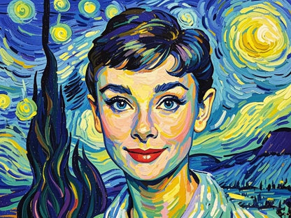 A painting depicting a woman with a starry night sky as her backdrop, showcasing vibrant colors and a serene expression.