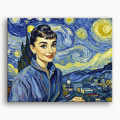 A painting depicting a woman against a backdrop of a starry night sky, showcasing vibrant colors and serene expression.