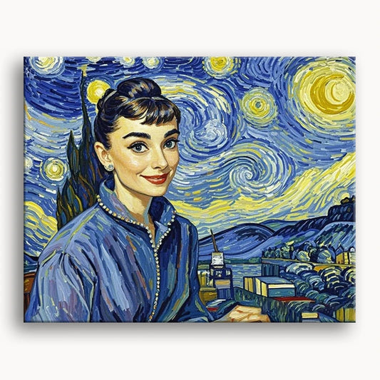 A painting depicting a woman against a backdrop of a starry night sky, showcasing vibrant colors and serene expression.