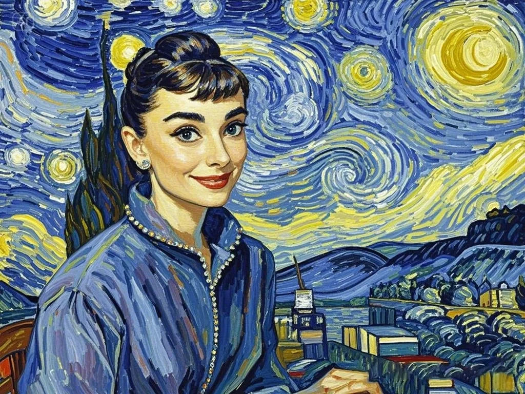 A painting depicting a woman against a backdrop of a starry night sky, showcasing vibrant colors and serene expression.