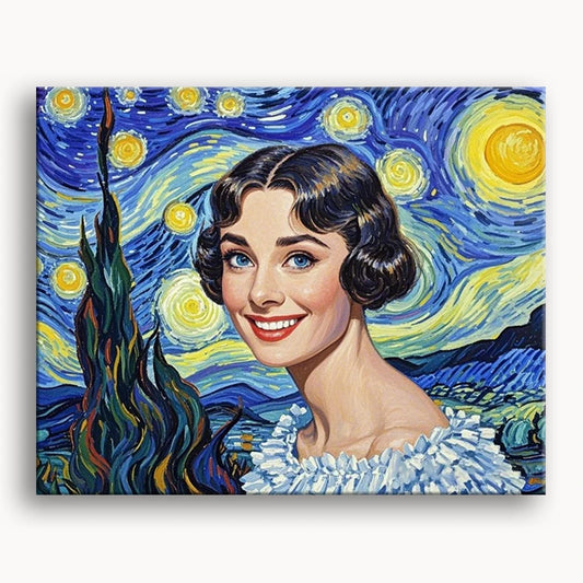 Painting of Audrey Hepburn styled like Van Gogh's "Starry Night," featuring swirling stars and vibrant colors.
