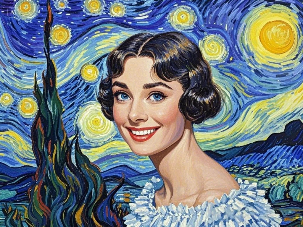 Painting of Audrey Hepburn styled like Van Gogh's "Starry Night," featuring swirling stars and vibrant colors.