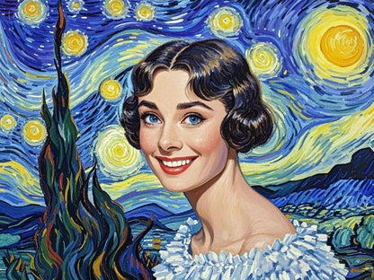 Painting of Audrey Hepburn styled like Van Gogh's "Starry Night," featuring swirling stars and vibrant colors.