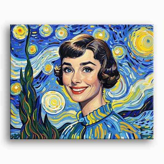 Painting of Audrey Hepburn styled like Van Gogh's Starry Night, featuring swirling stars and vibrant colors.