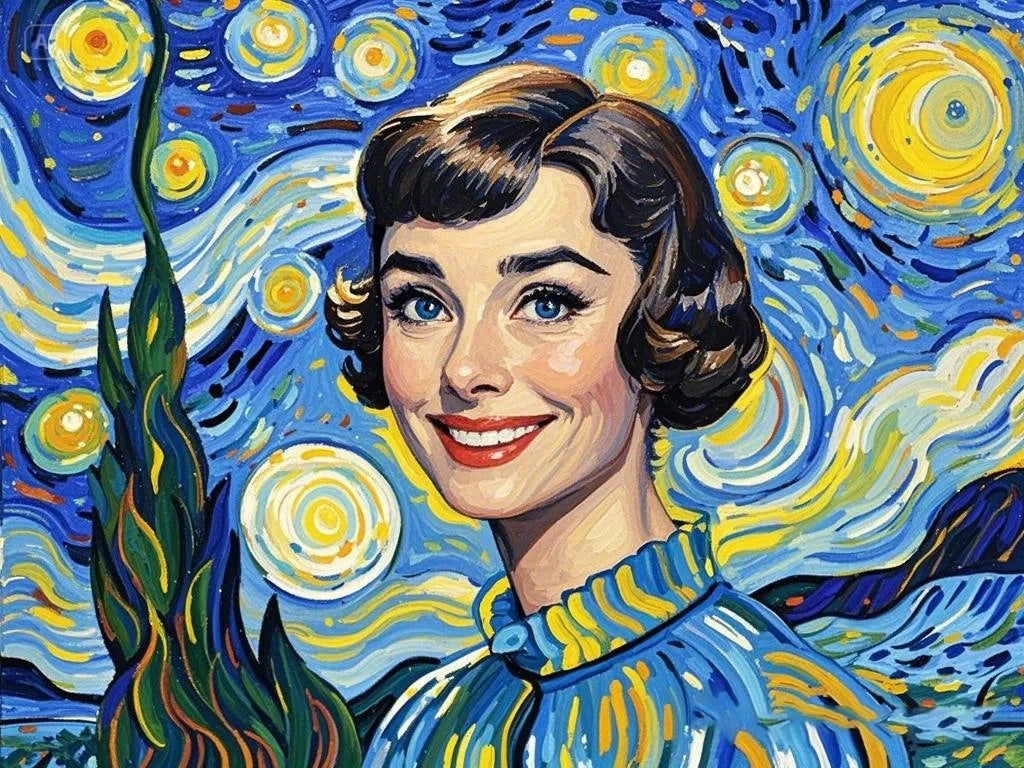 Painting of Audrey Hepburn styled like Van Gogh's Starry Night, featuring swirling stars and vibrant colors.