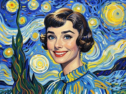 Painting of Audrey Hepburn styled like Van Gogh's Starry Night, featuring swirling stars and vibrant colors.