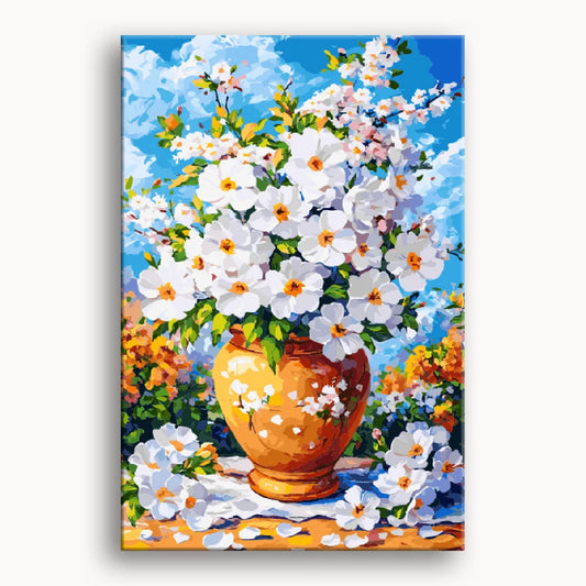 A painting featuring a vase filled with delicate white flowers against a soft background.