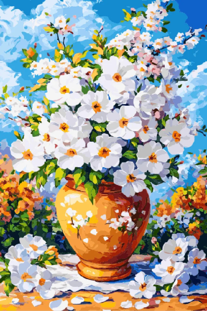 A painting featuring a vase filled with delicate white flowers against a soft background.